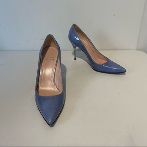 STUART WEITZMAN POINTED TOE PERIWINKLE PATENT LEATHER METAL HEEL PUMP STILETTO